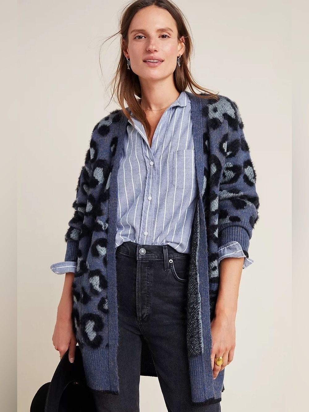 Moth Brushed Leopard Open-Front Cardigan Sweater - Blue